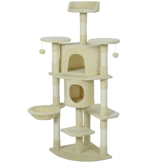 62" Cat Tree, Scratching Post, 2 Condos, Hammock, Perches, Beige