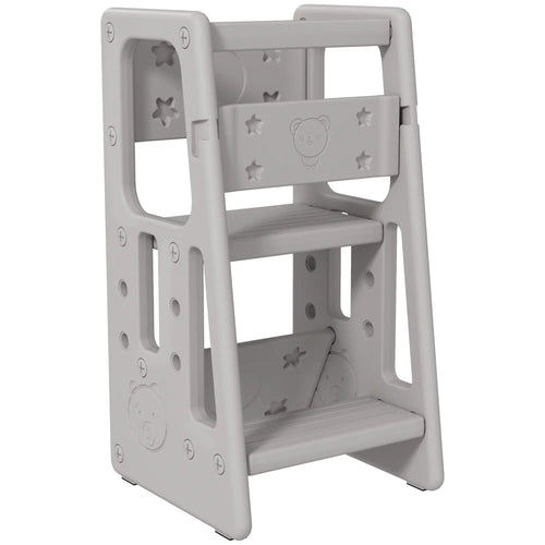 Toddler Kitchen Helper Stool, Adjustable Height, Safety Rail, Grey