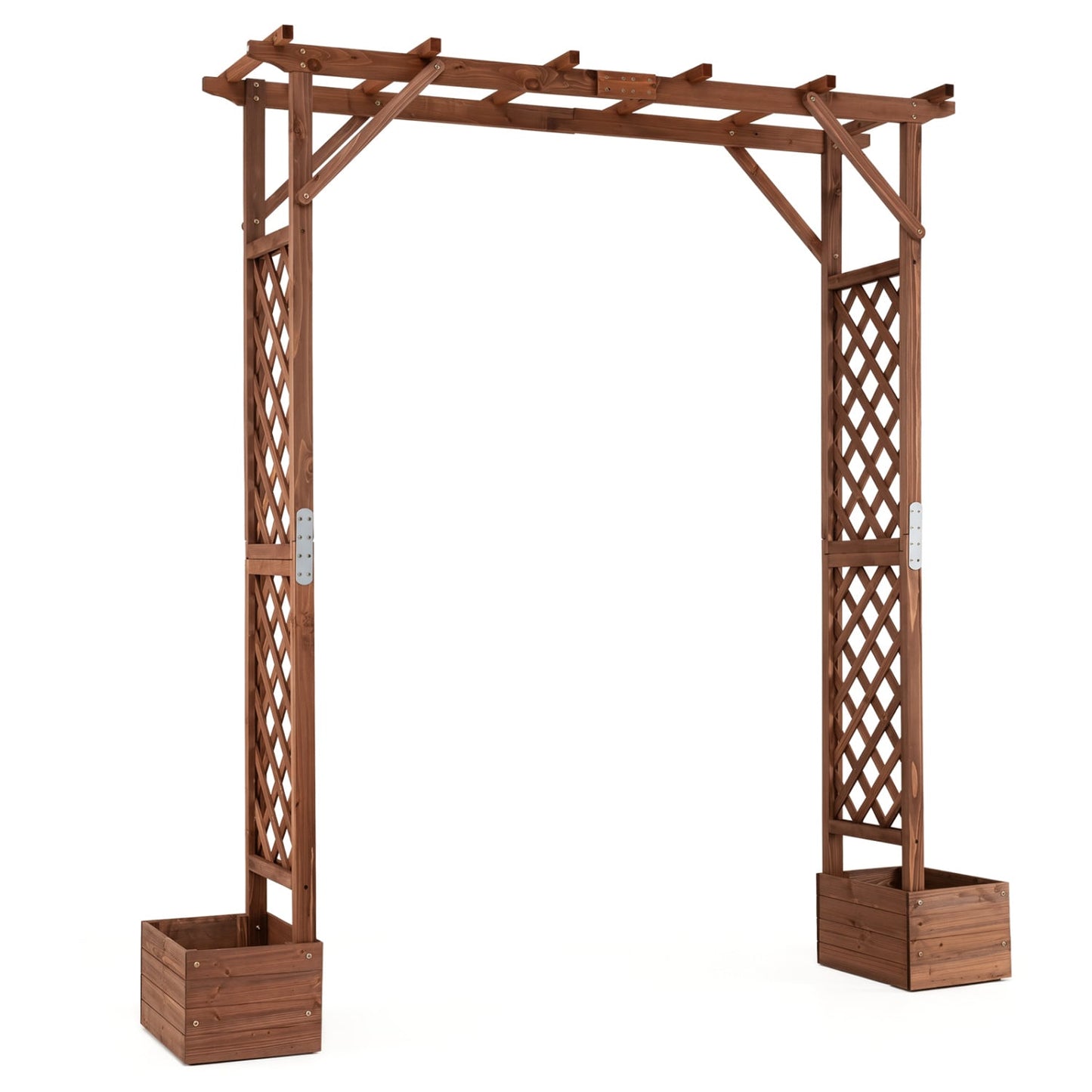 87in Tall Wooden Garden Arbor with Planter Boxes and Hanging Roof for Climbing Plants, Orange