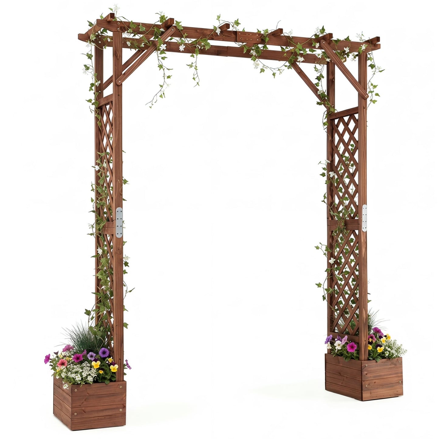 87in Tall Wooden Garden Arbor with Planter Boxes and Hanging Roof for Climbing Plants, Orange