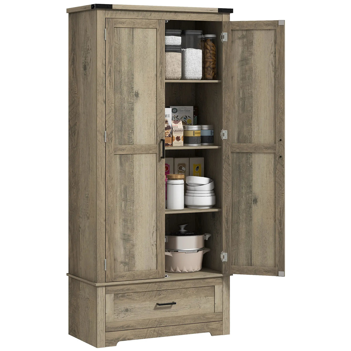 69" Tall Farmhouse Kitchen Pantry, 2 Doors, Drawer, Adjustable Shelves, Grey