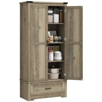 69" Tall Farmhouse Kitchen Pantry, 2 Doors, Drawer, Adjustable Shelves, Grey