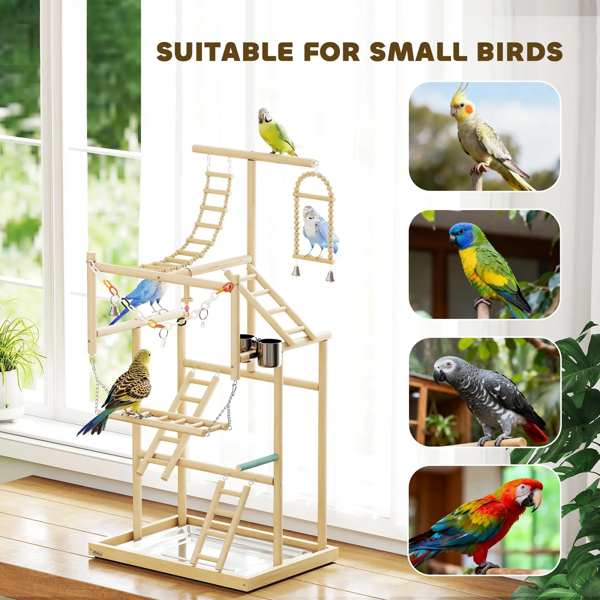 Bird Playground, 4 Layer Wooden Play Stand, Ladders, Chain Toy, Stainless Steel Cups Bird Cages at Gallery Canada