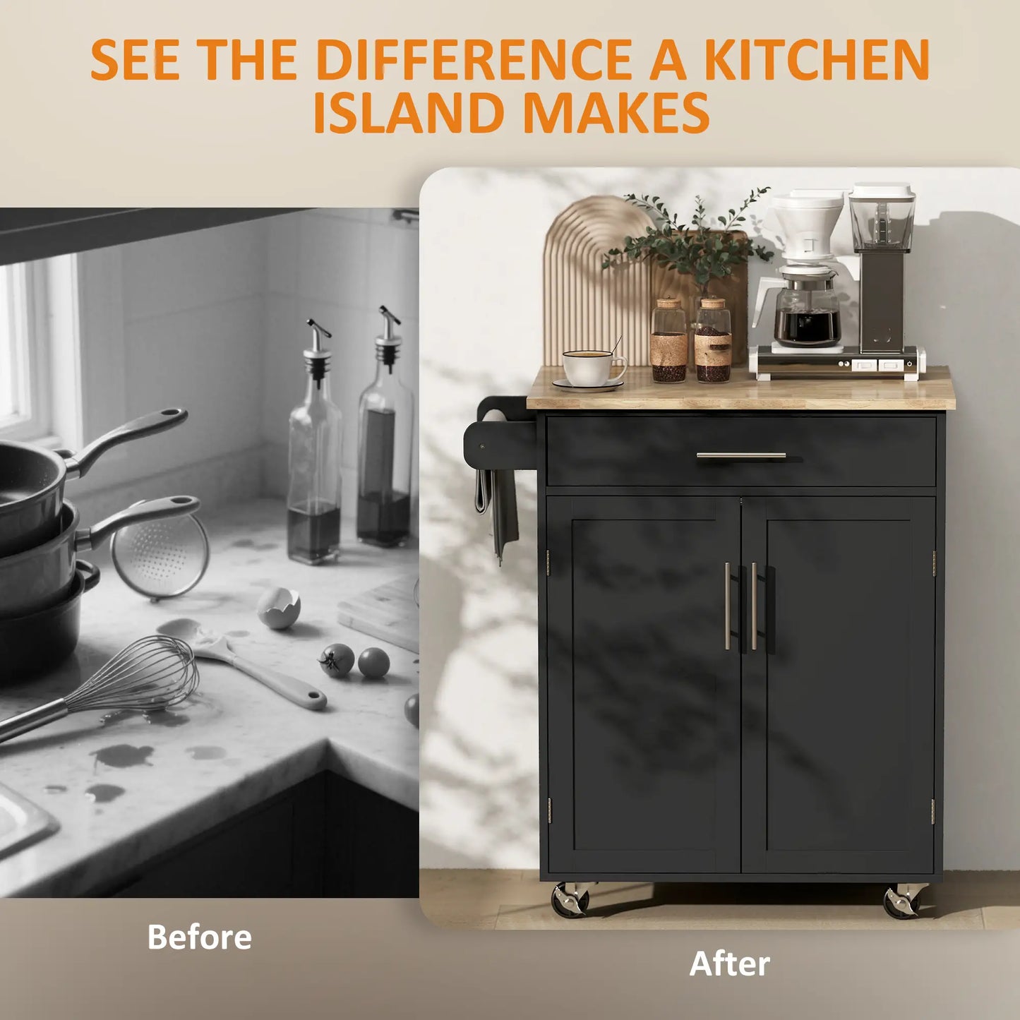 Rolling Kitchen Island Cart, Wood Top, Storage Drawer, Towel Bar, Shelves, Black Kitchen Islands & Kitchen Carts at Gallery Canada