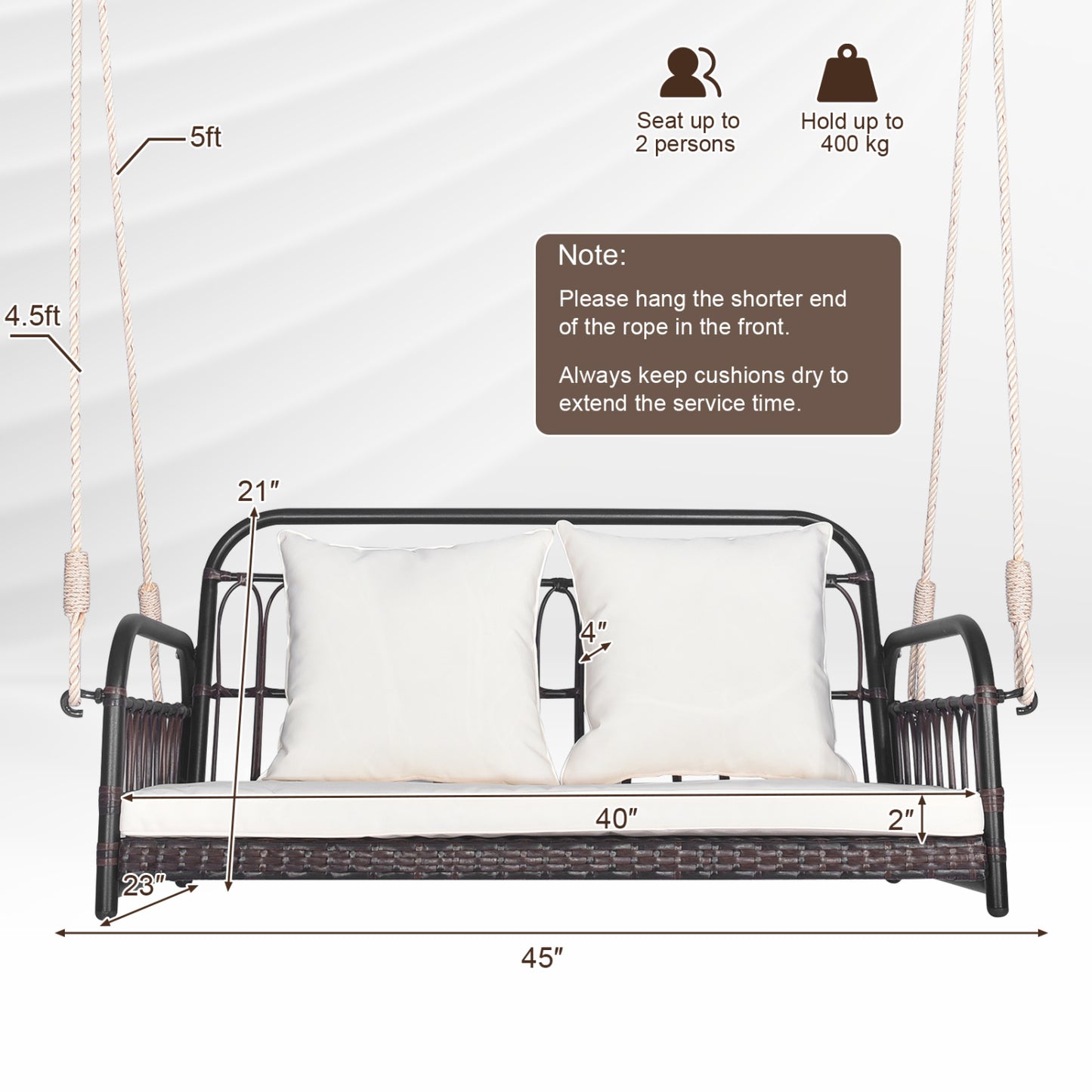 880LBS Wicker Hanging Porch Swing With Cushions, White Porch Swings at Gallery Canada