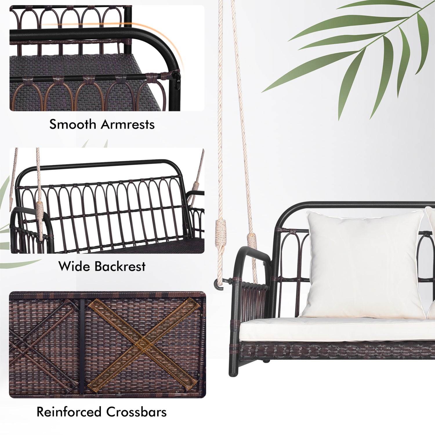 880LBS Wicker Hanging Porch Swing With Cushions, White Porch Swings at Gallery Canada