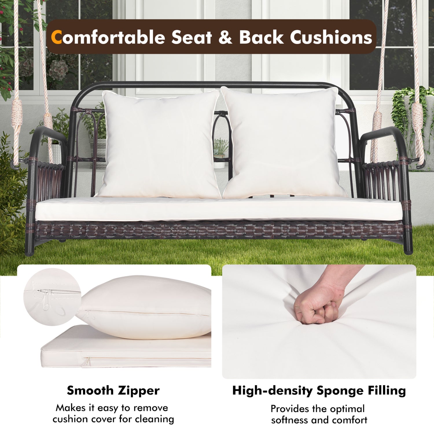 880LBS Wicker Hanging Porch Swing With Cushions, White Porch Swings at Gallery Canada