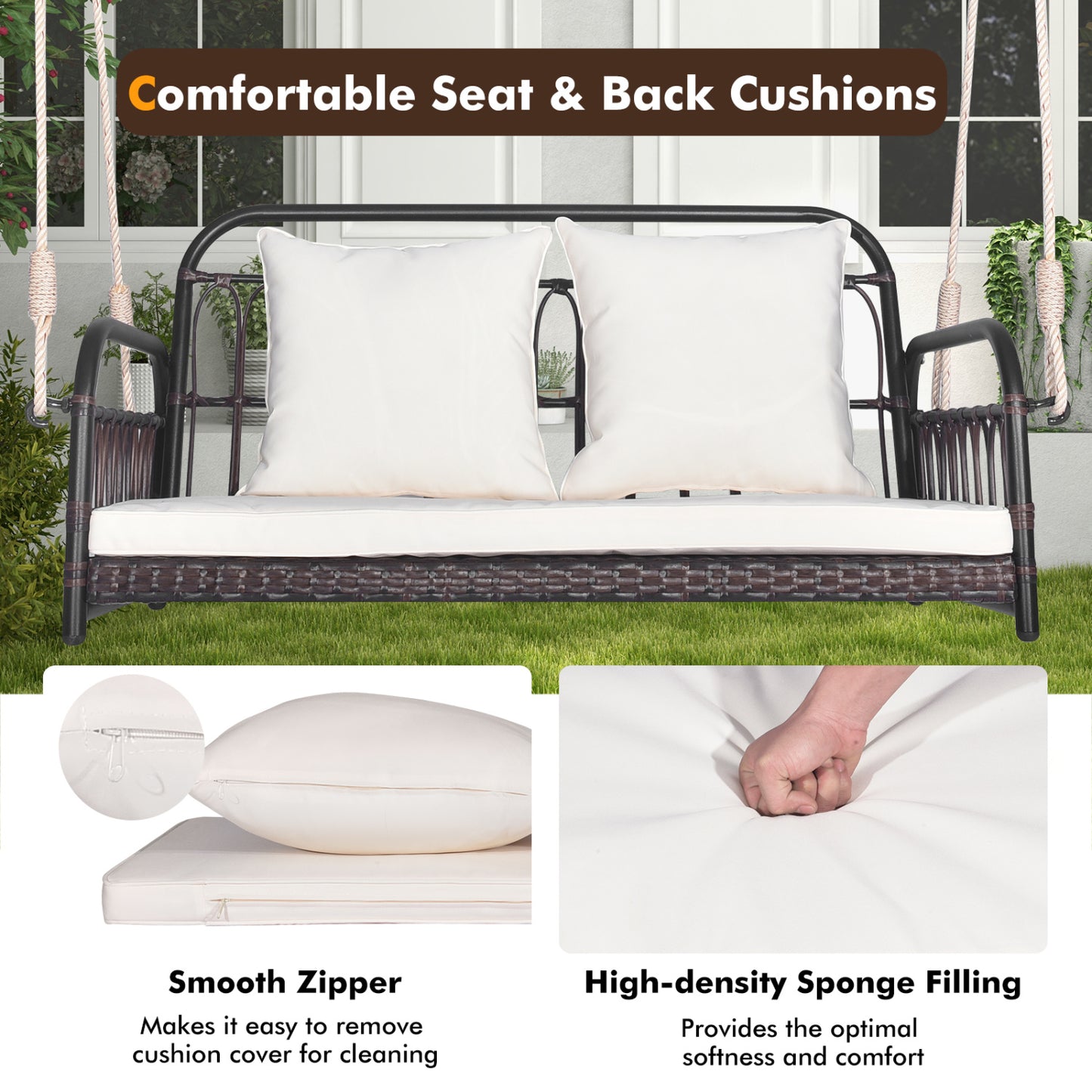 880LBS Wicker Hanging Porch Swing With Cushions, White Porch Swings at Gallery Canada
