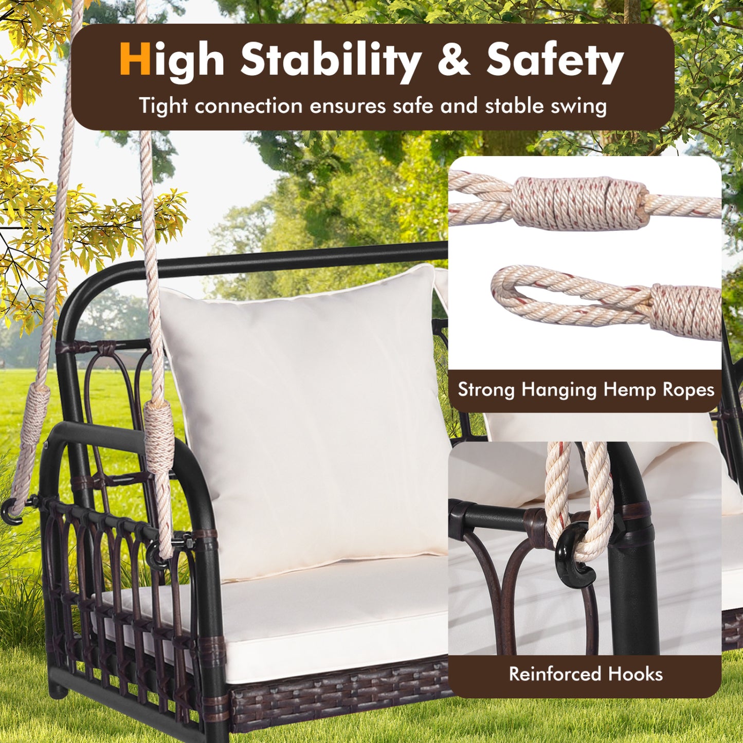 880LBS Wicker Hanging Porch Swing With Cushions, White Porch Swings at Gallery Canada