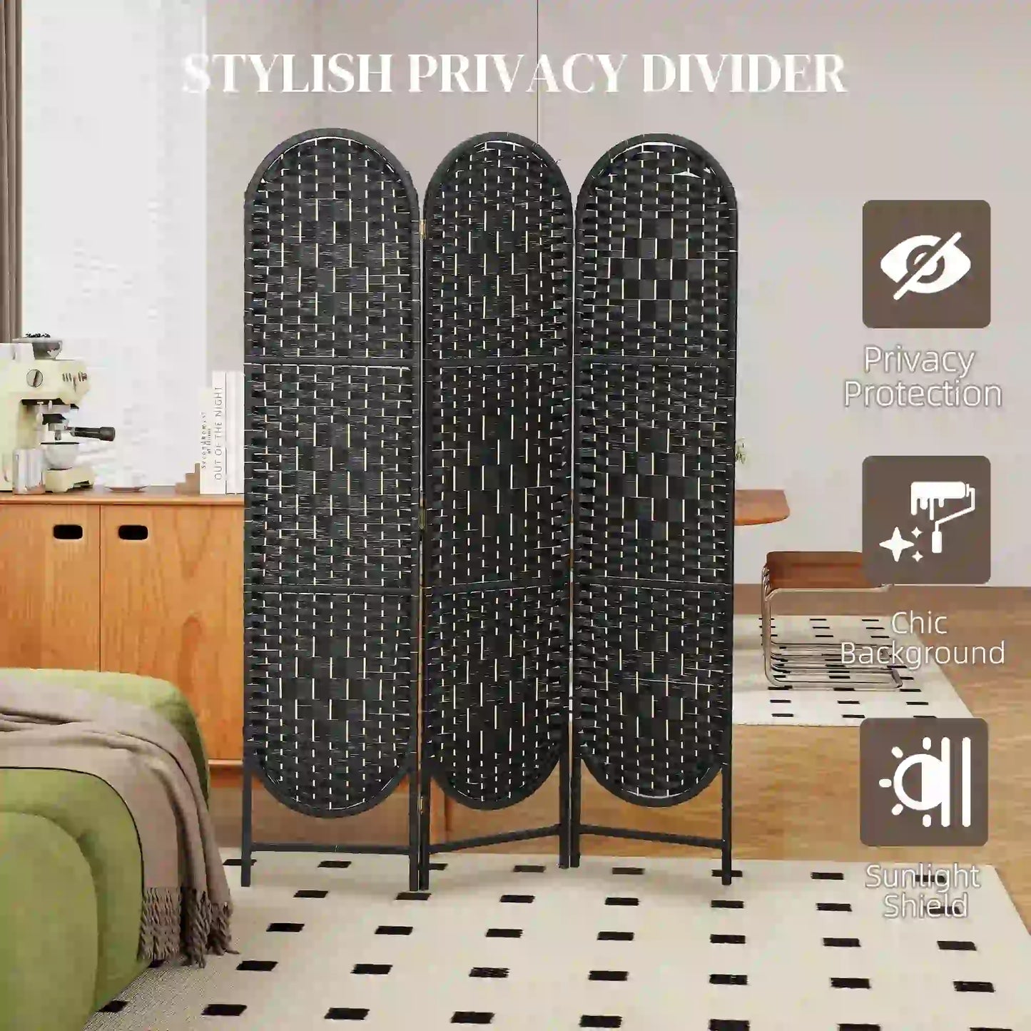 Bohemian Privacy Screen, 3 Panel Folding Room Divider, Arched Top, Black Room Dividers at Gallery Canada