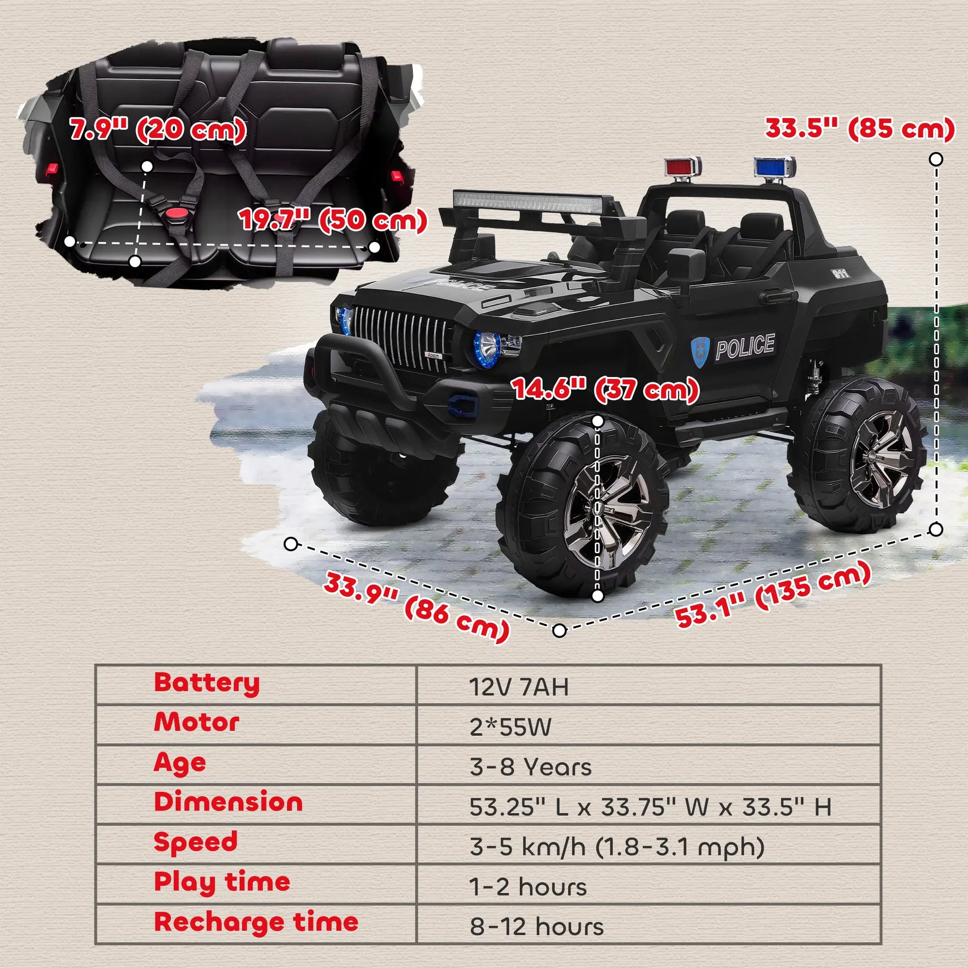 12V Ride On Police Car, 2 Seater, For Kids 3-8 Years, Remote Control, LED Lights, MP3, Black Electric Toy Cars at Gallery Canada