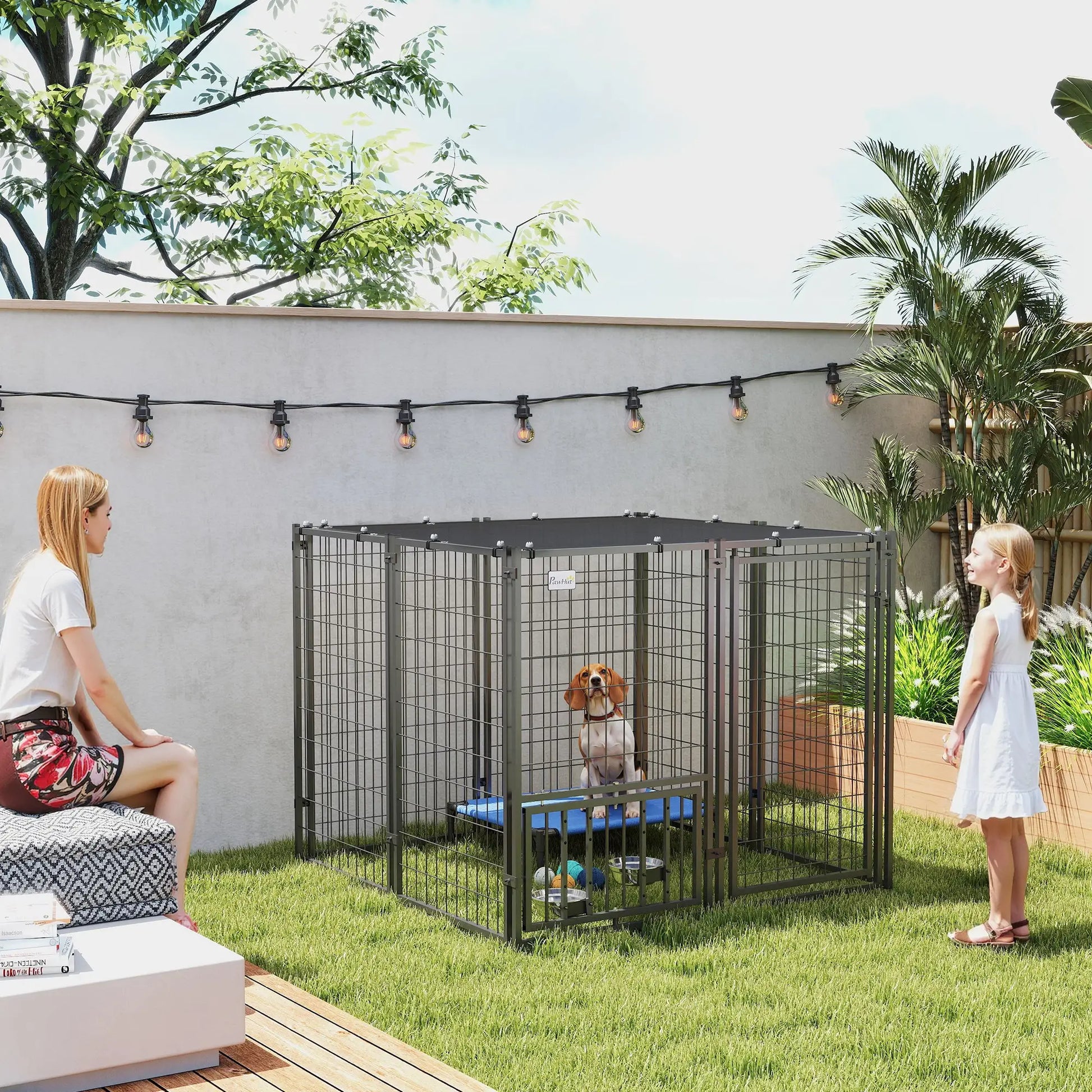 Outdoor Dog Run, Adjustable Rotatable Bowls, Sun-Shade Cover, 4.6' x 4.6' x 3.7' Houses, Kennels & Pens at Gallery Canada