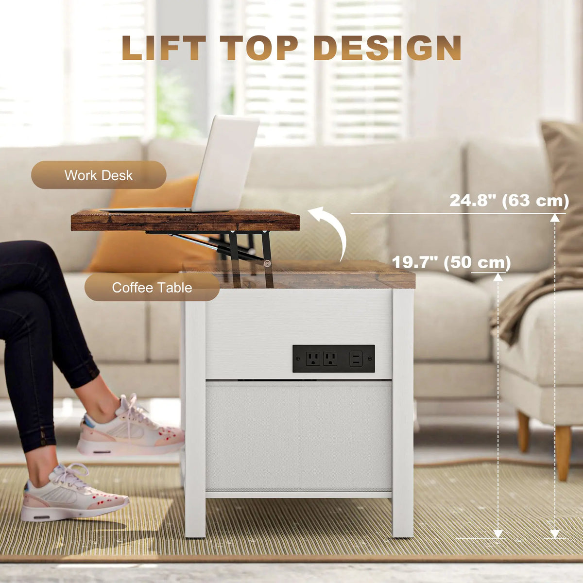Table basse à plateau relevable, 3 compartiments cachés, 2 tiroirs en tissu