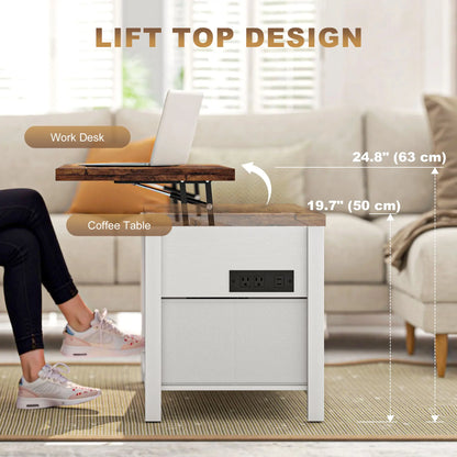 Table basse à plateau relevable, 3 compartiments cachés, 2 tiroirs en tissu