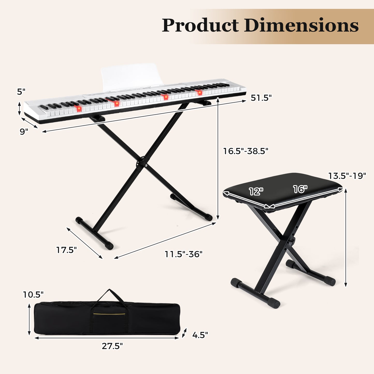 88-Key Electric Piano Keyboard with Adjustable Stand and Portable Bag, White Pianos & Keyboards at Gallery Canada