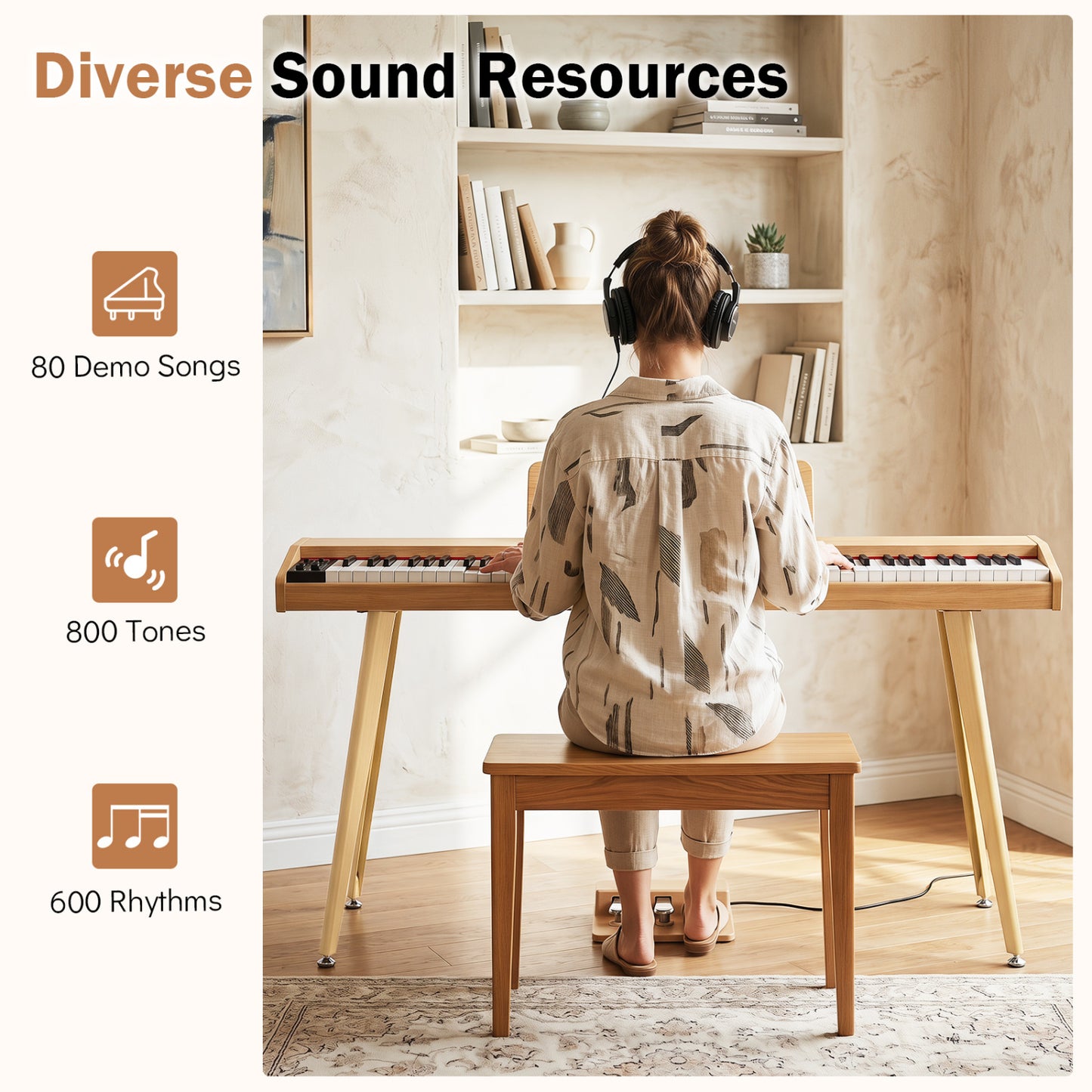 88-Key Semi-Weighted Digital Piano with 3 Pedal Unit and 80 Demos, Natural