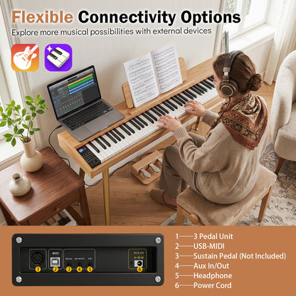 88-Key Semi-Weighted Digital Piano with 3 Pedal Unit and 80 Demos, Natural