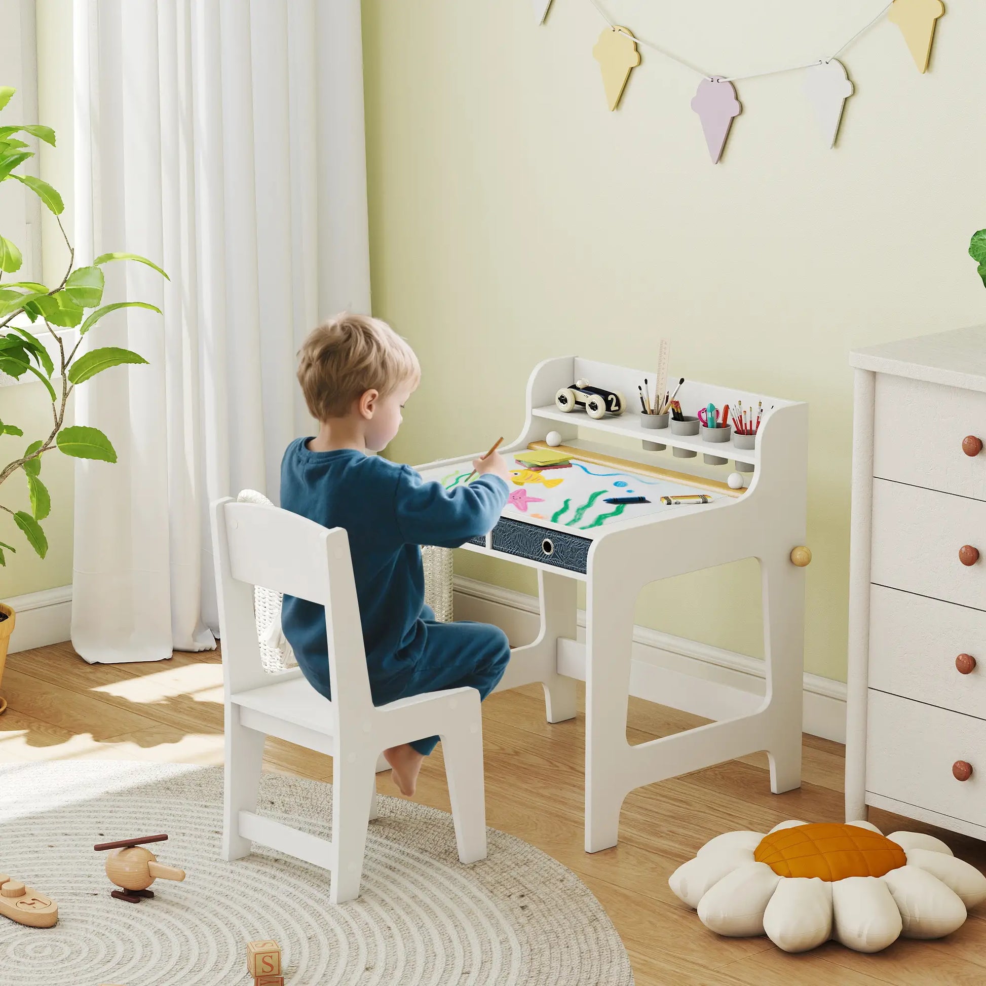 Kids Study Table and Chair Set, Art Desk with Storage Shelf, 3-8 Year Old Kids Desk Sets at Gallery Canada