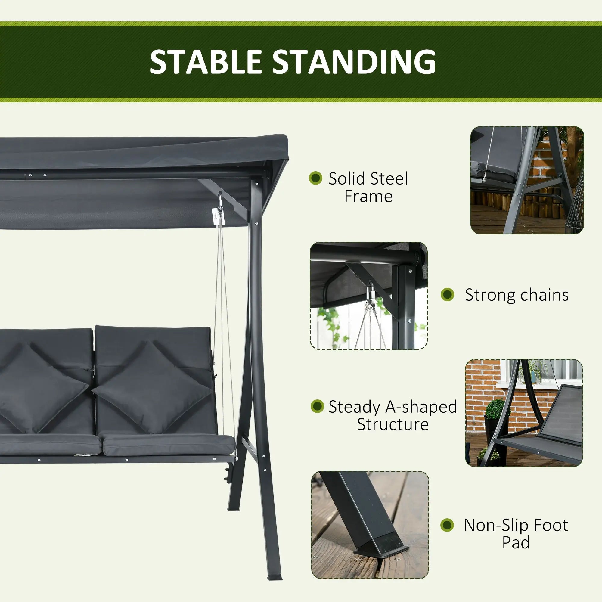 3-Person Patio Swing Chair, Adjustable Canopy, Cushioned Seat, Dark Grey Patio Swings with Stand at Gallery Canada