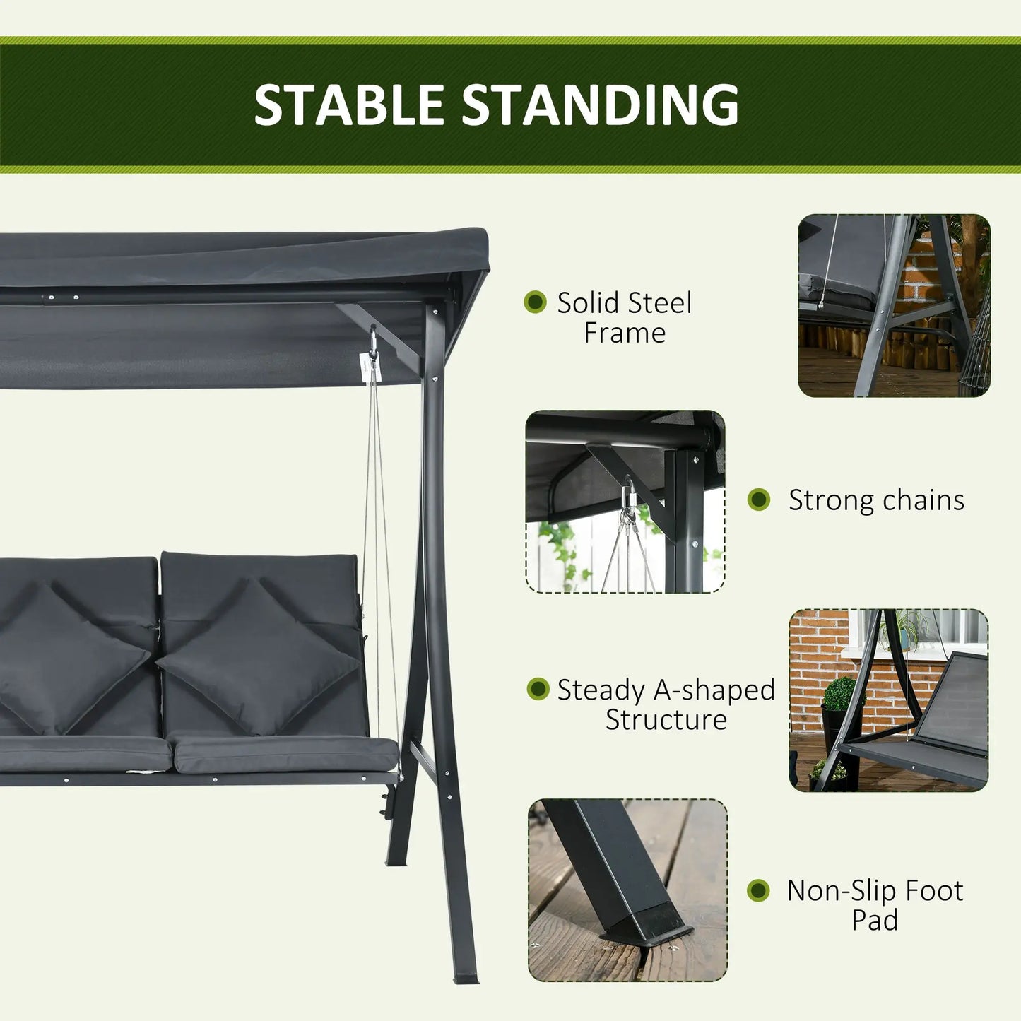 3-Person Patio Swing Chair, Adjustable Canopy, Cushioned Seat, Dark Grey Patio Swings with Stand at Gallery Canada