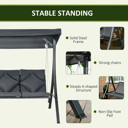 3-Person Patio Swing Chair, Adjustable Canopy, Cushioned Seat, Dark Grey Patio Swings with Stand at Gallery Canada