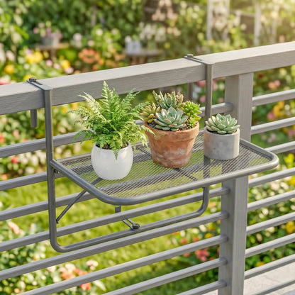 Table suspendue ajustable pour balcon, Bureau mural en métal, Support pour fleurs extérieur, Gris