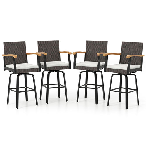 Outdoor 360° Swivel Bar Stool Set, With Cushion and Acacia Wood Armrests, Brown