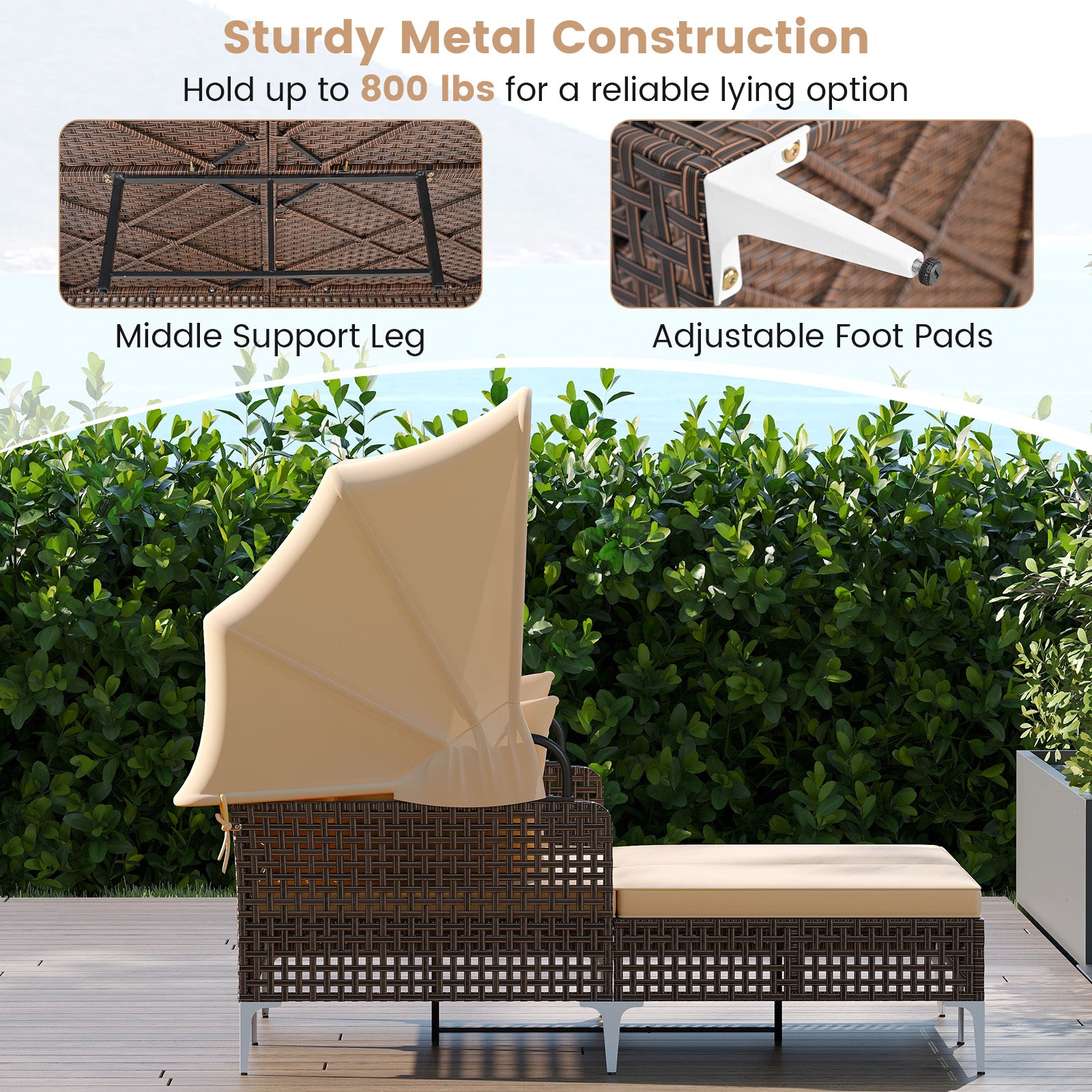 Outdoor Daybed with Retractable Canopy PE Wicker Rattan Patio Lounger, Brown Outdoor Chaise Lounges at Gallery Canada