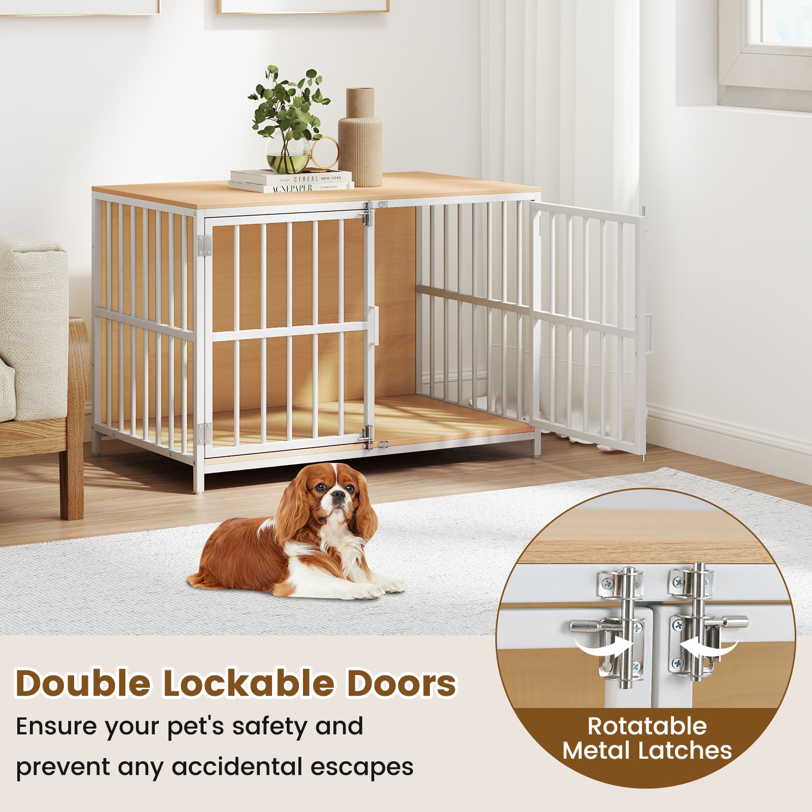 40 Inch Dog Crate Furniture Dog Kennel with Dual Lockable Double Doors, Natural Dog Kennels at Gallery Canada