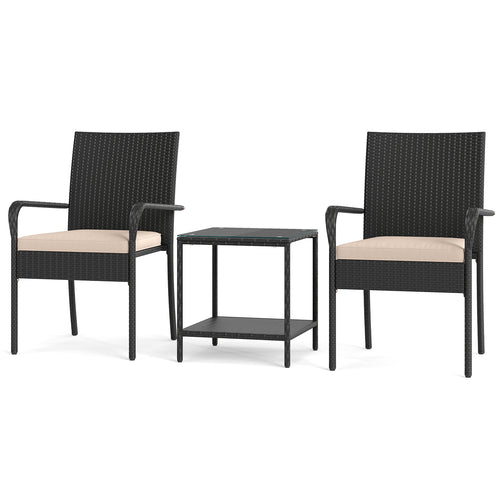 3 Piece Patio Furniture Set, Seat Cushions, Tempered Glass Tabletop, Beige