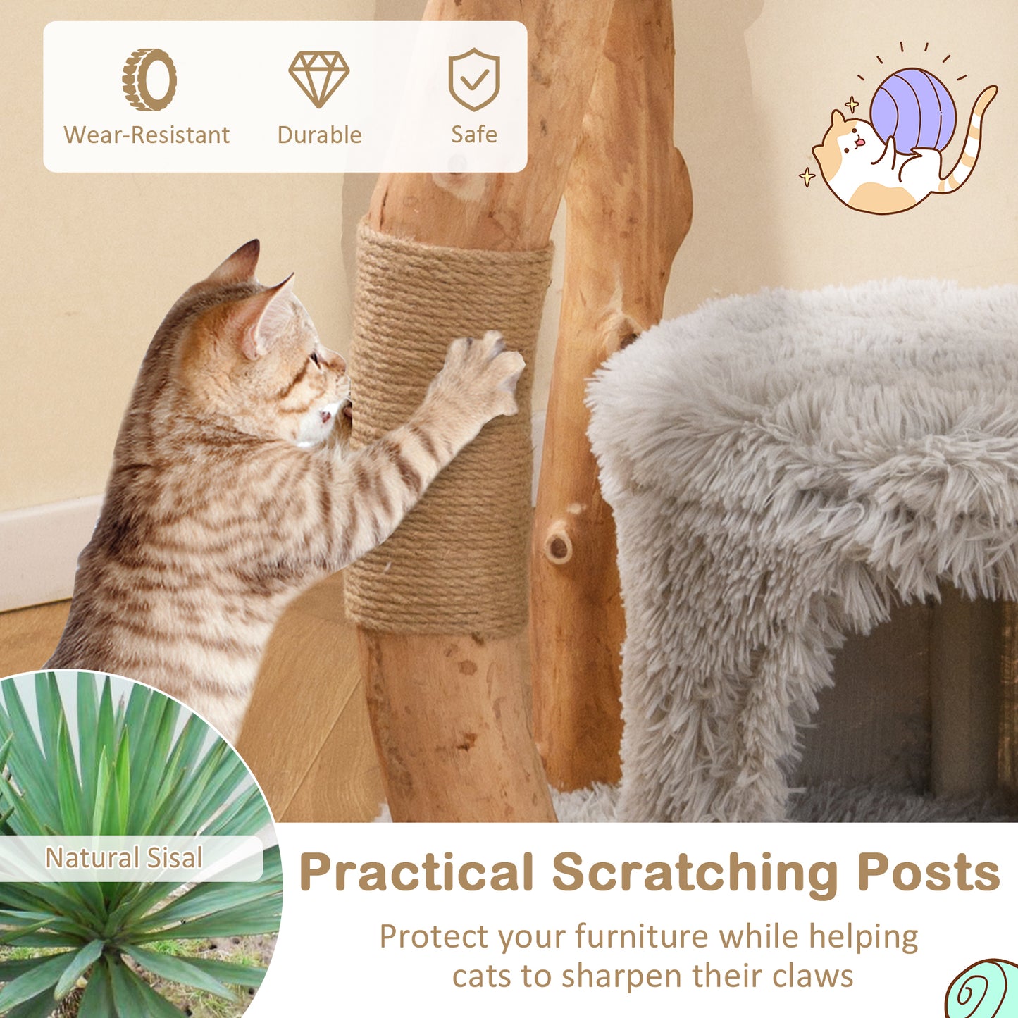 Solid Wood Cat Tower with Top Cattail Basket Cat Bed, Gray Cat Trees Condos & Scratchers at Gallery Canada