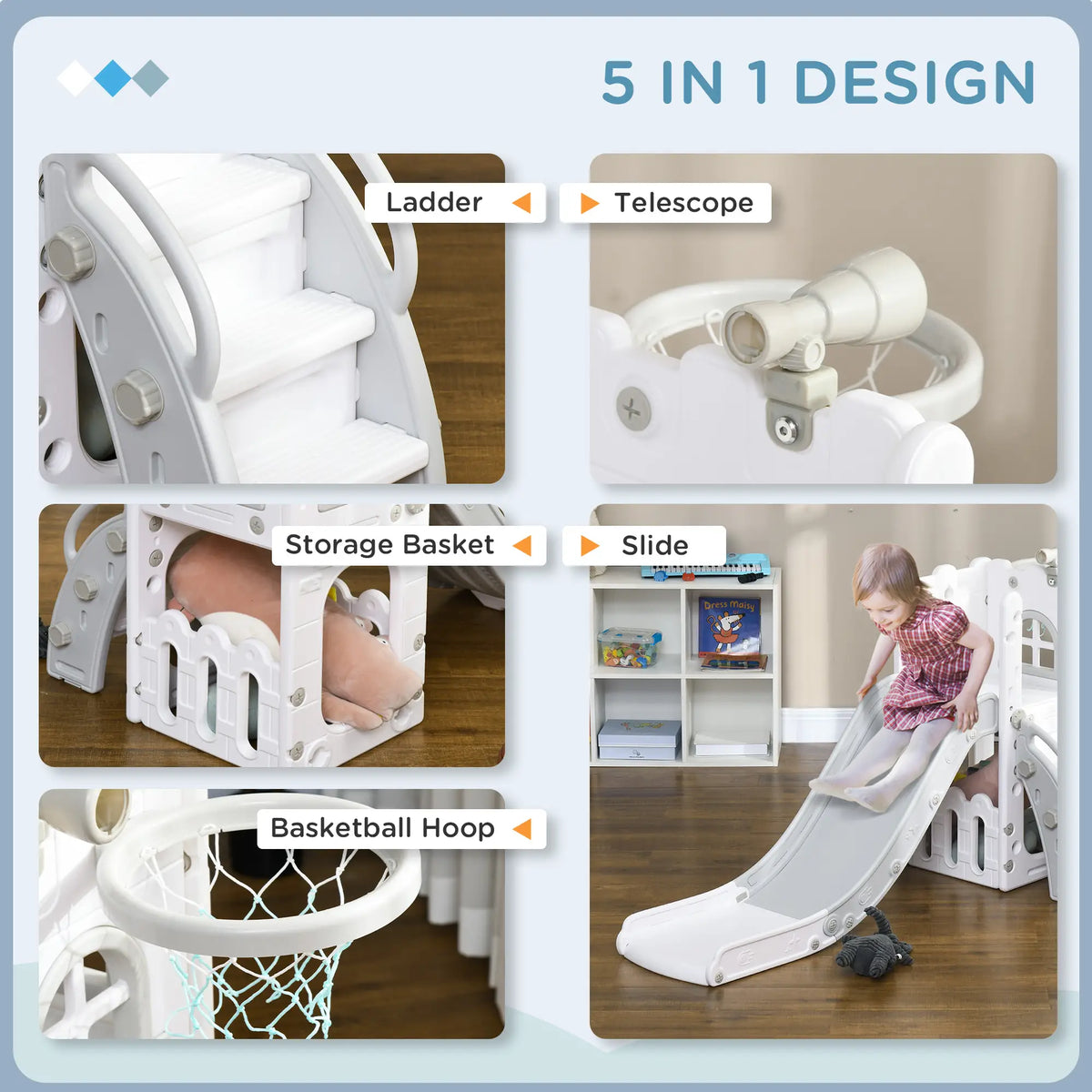 Toddler Slide, Basketball Hoop, Climber, Telescope, Storage Basket, 1-3 Years, Grey