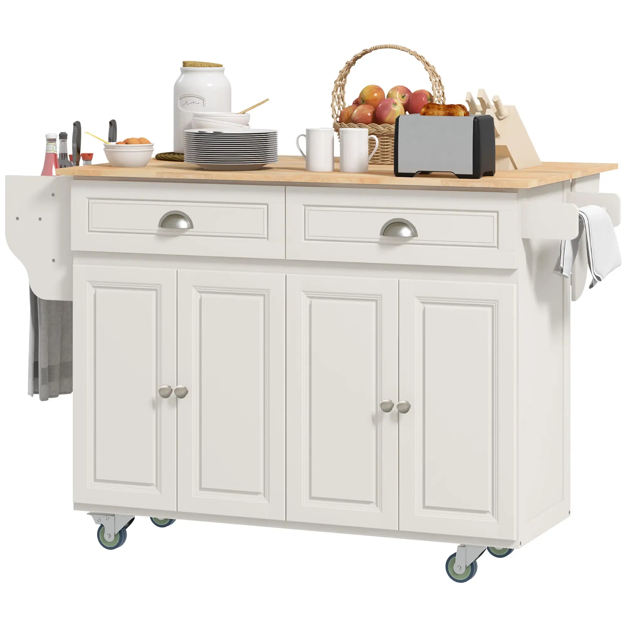 Kitchen Island with Storage, Drop Leaf, Rubber Wood Top, Cream White Kitchen Islands & Kitchen Carts at Gallery Canada