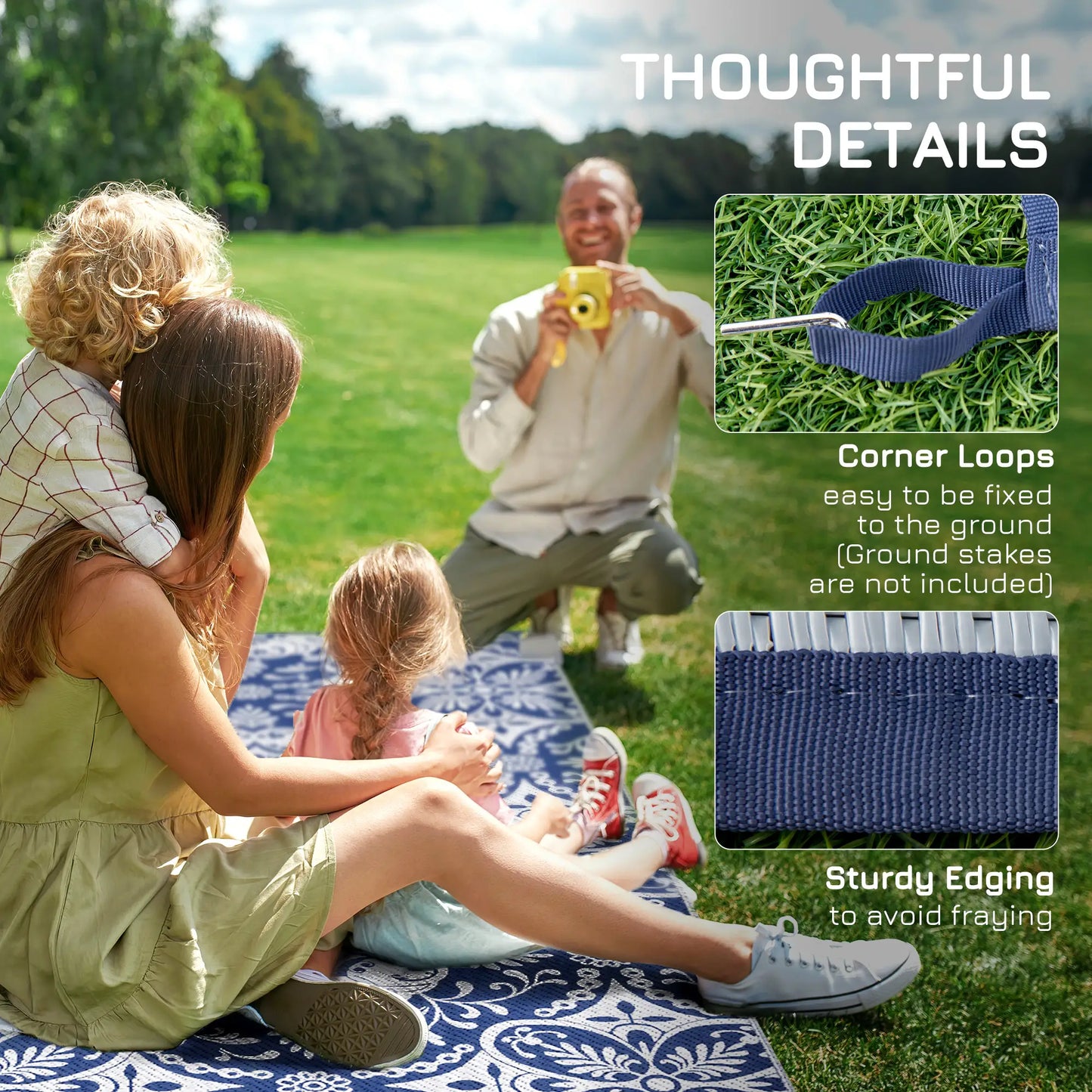 Portable Outdoor Rug, 9' x 18', Waterproof, White Flower, Blue Outdoor Reversible Rugs at Gallery Canada