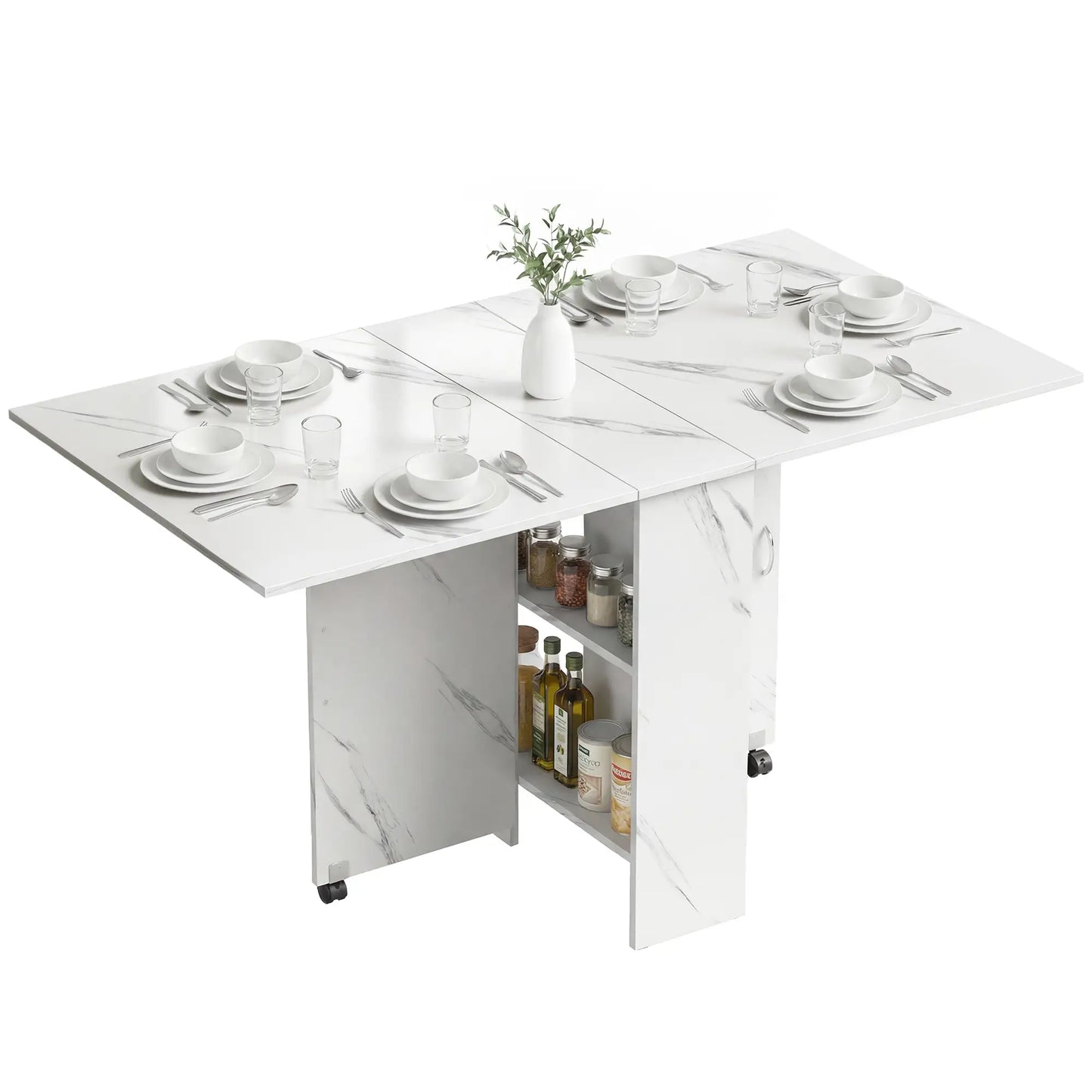 Extendable Dining Table, Marble White, Collapsible With Shelves, White Dining Tables Marble White at Gallery Canada
