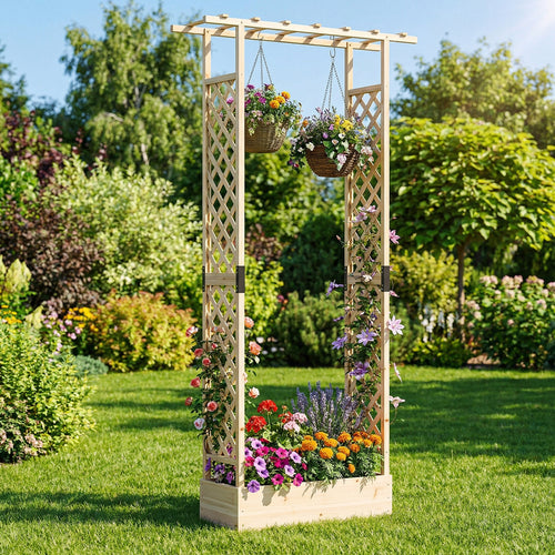 89 Inch Tall Wooden Raised Garden Bed with Side Trellis and Hanging Roof Drainage Holes, Natural