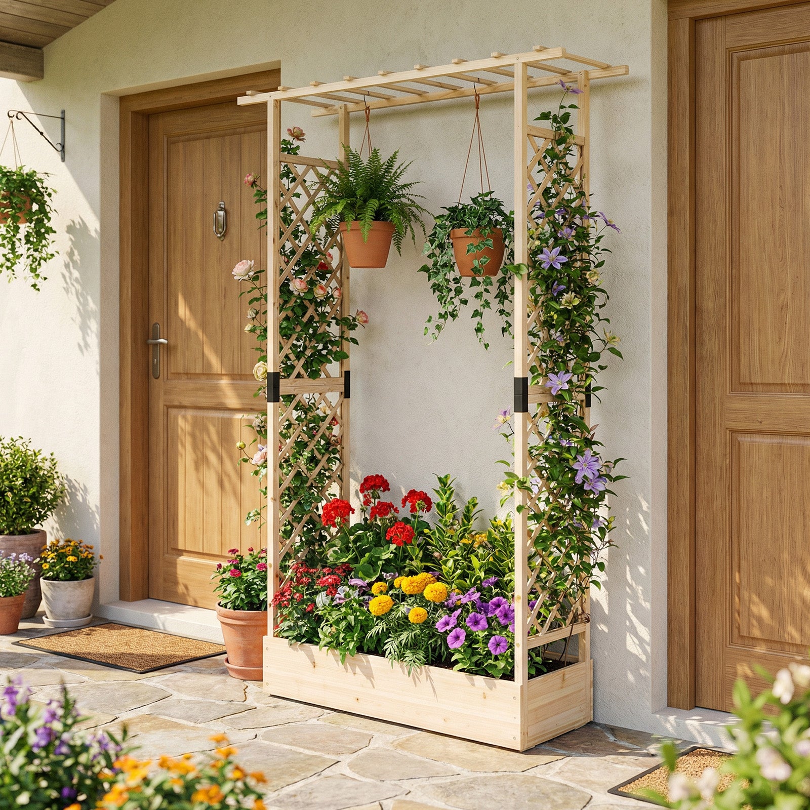 89 Inch Tall Wooden Raised Garden Bed with Side Trellis and Hanging Roof Drainage Holes, Natural Raised Garden Beds at Gallery Canada