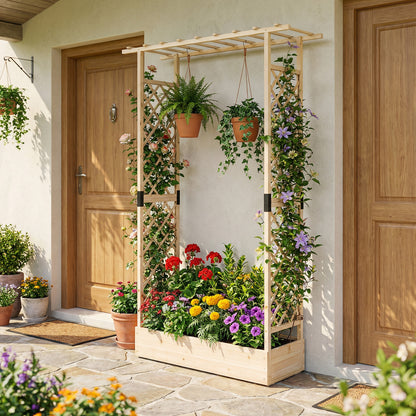 89 Inch Tall Wooden Raised Garden Bed with Side Trellis and Hanging Roof Drainage Holes, Natural Raised Garden Beds at Gallery Canada