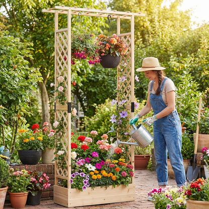 89 Inch Tall Wooden Raised Garden Bed with Side Trellis and Hanging Roof Drainage Holes, Natural Raised Garden Beds at Gallery Canada