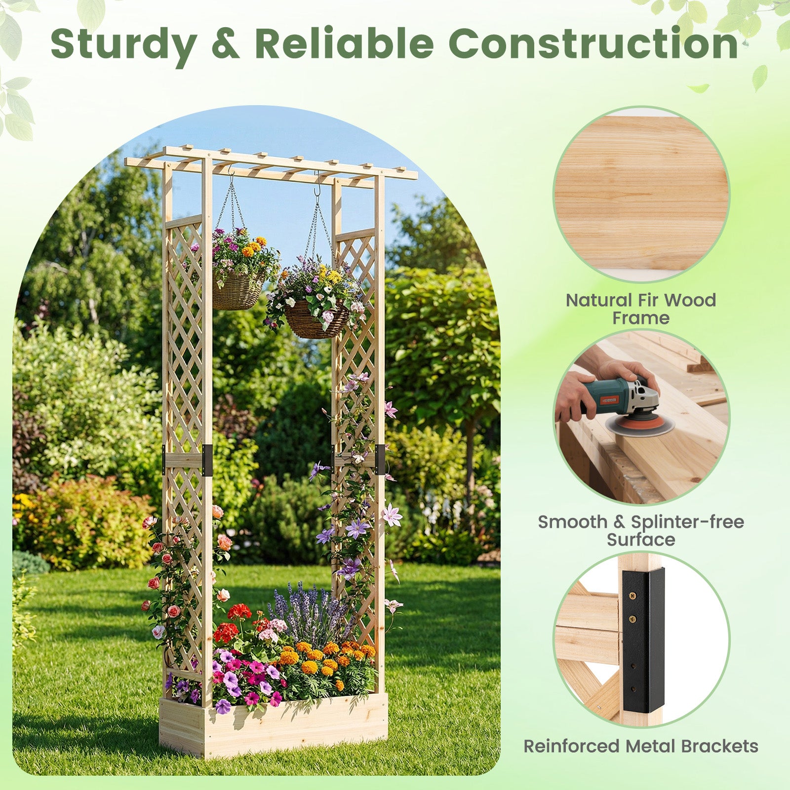 89 Inch Tall Wooden Raised Garden Bed with Side Trellis and Hanging Roof Drainage Holes, Natural Raised Garden Beds at Gallery Canada