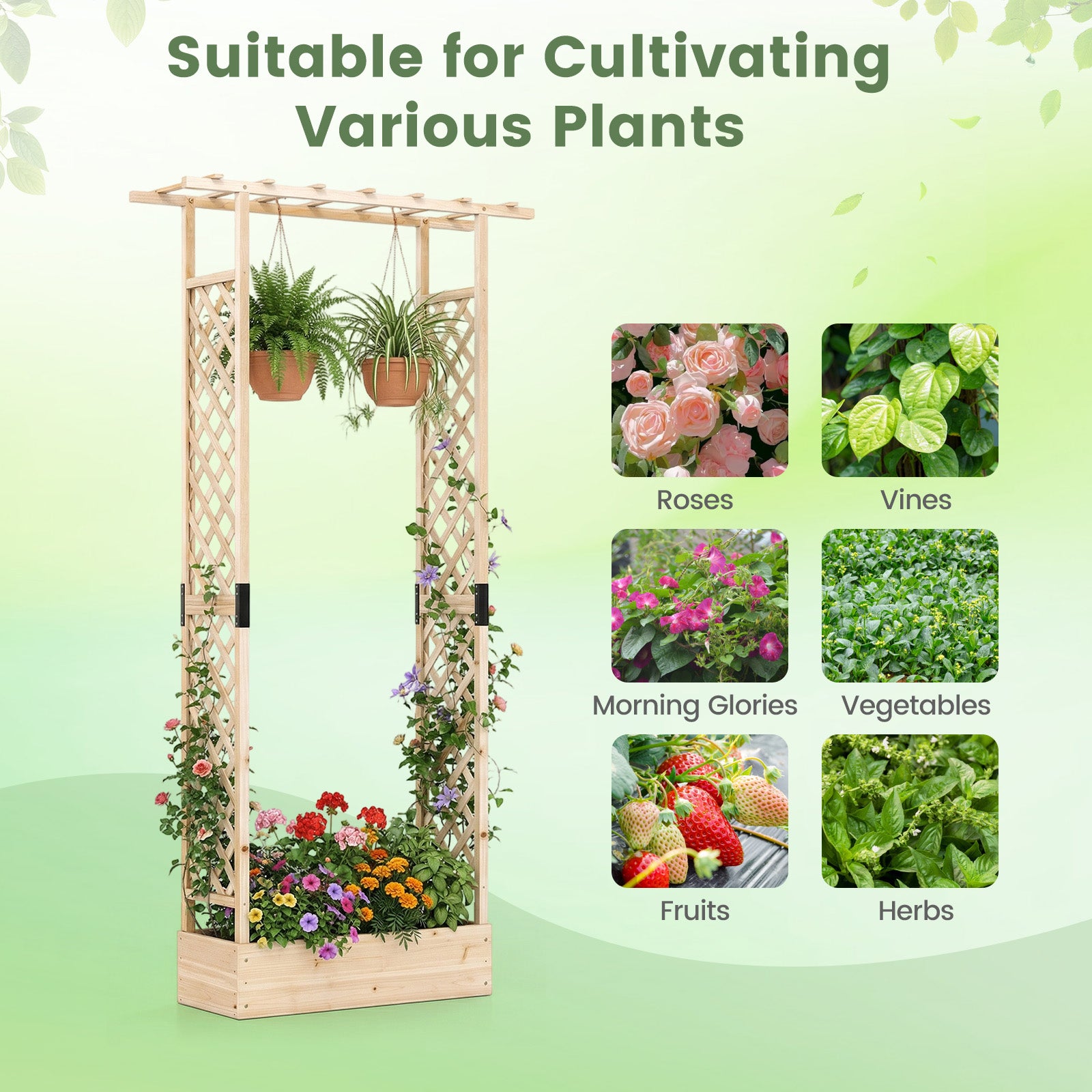 89 Inch Tall Wooden Raised Garden Bed with Side Trellis and Hanging Roof Drainage Holes, Natural Raised Garden Beds at Gallery Canada