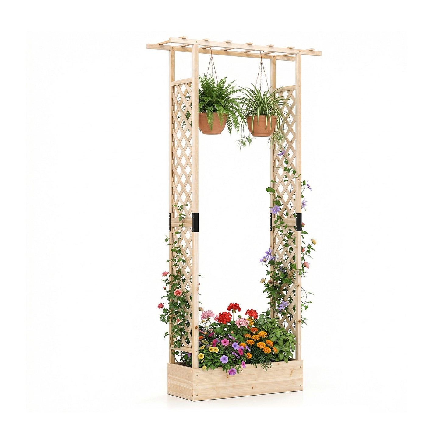 89 Inch Tall Wooden Raised Garden Bed with Side Trellis and Hanging Roof Drainage Holes, Natural Raised Garden Beds Natural at Gallery Canada