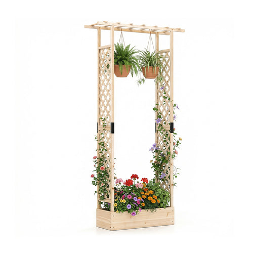 89 Inch Tall Wooden Raised Garden Bed with Side Trellis and Hanging Roof Drainage Holes, Natural