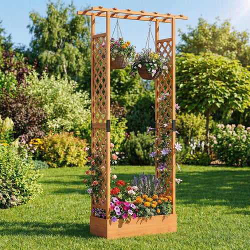 89 Inch Tall Wooden Raised Garden Bed with Side Trellis and Hanging Roof Drainage Holes, Orange