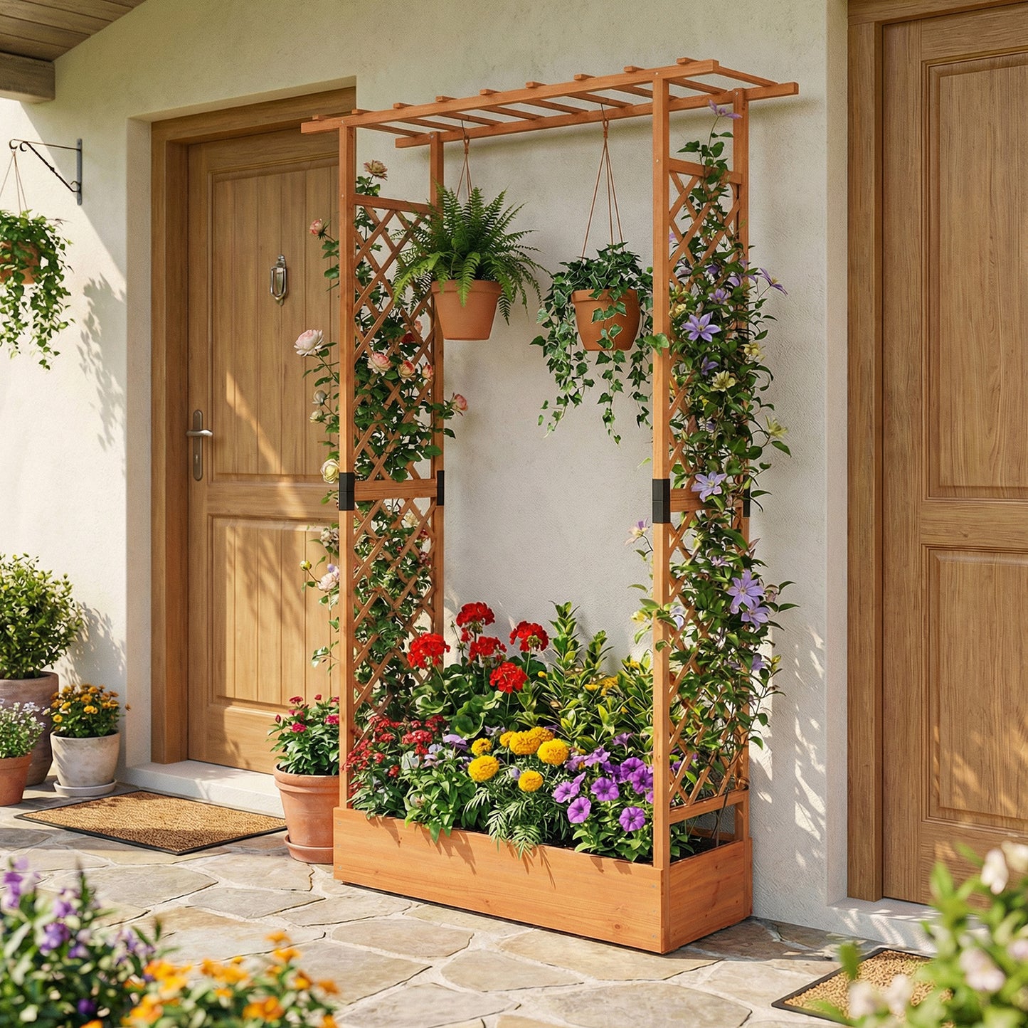 89 Inch Tall Wooden Raised Garden Bed with Side Trellis and Hanging Roof Drainage Holes, Orange Raised Garden Beds at Gallery Canada