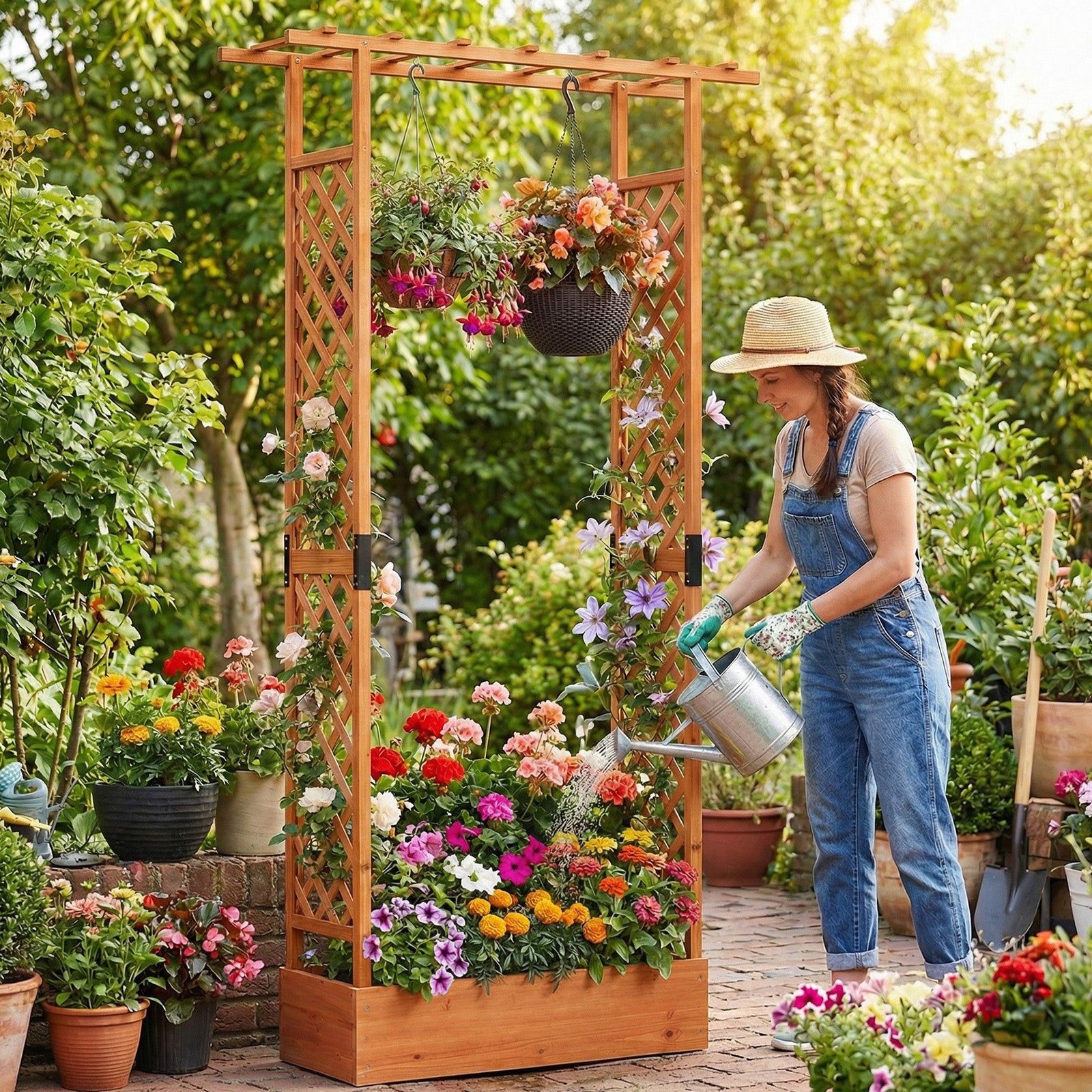 89 Inch Tall Wooden Raised Garden Bed with Side Trellis and Hanging Roof Drainage Holes, Orange Raised Garden Beds at Gallery Canada