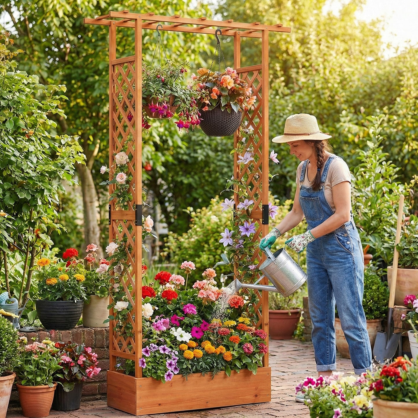 89 Inch Tall Wooden Raised Garden Bed with Side Trellis and Hanging Roof Drainage Holes, Orange Raised Garden Beds at Gallery Canada