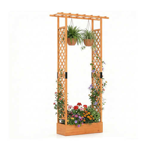 89 Inch Tall Wooden Raised Garden Bed with Side Trellis and Hanging Roof Drainage Holes, Orange