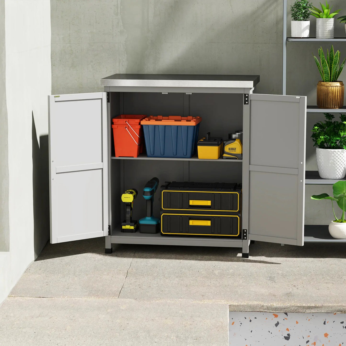 Outdoor Garden Storage Cabinet, Potting Bench with Metal Tabletop, Shelf, Grey Sheds at Gallery Canada