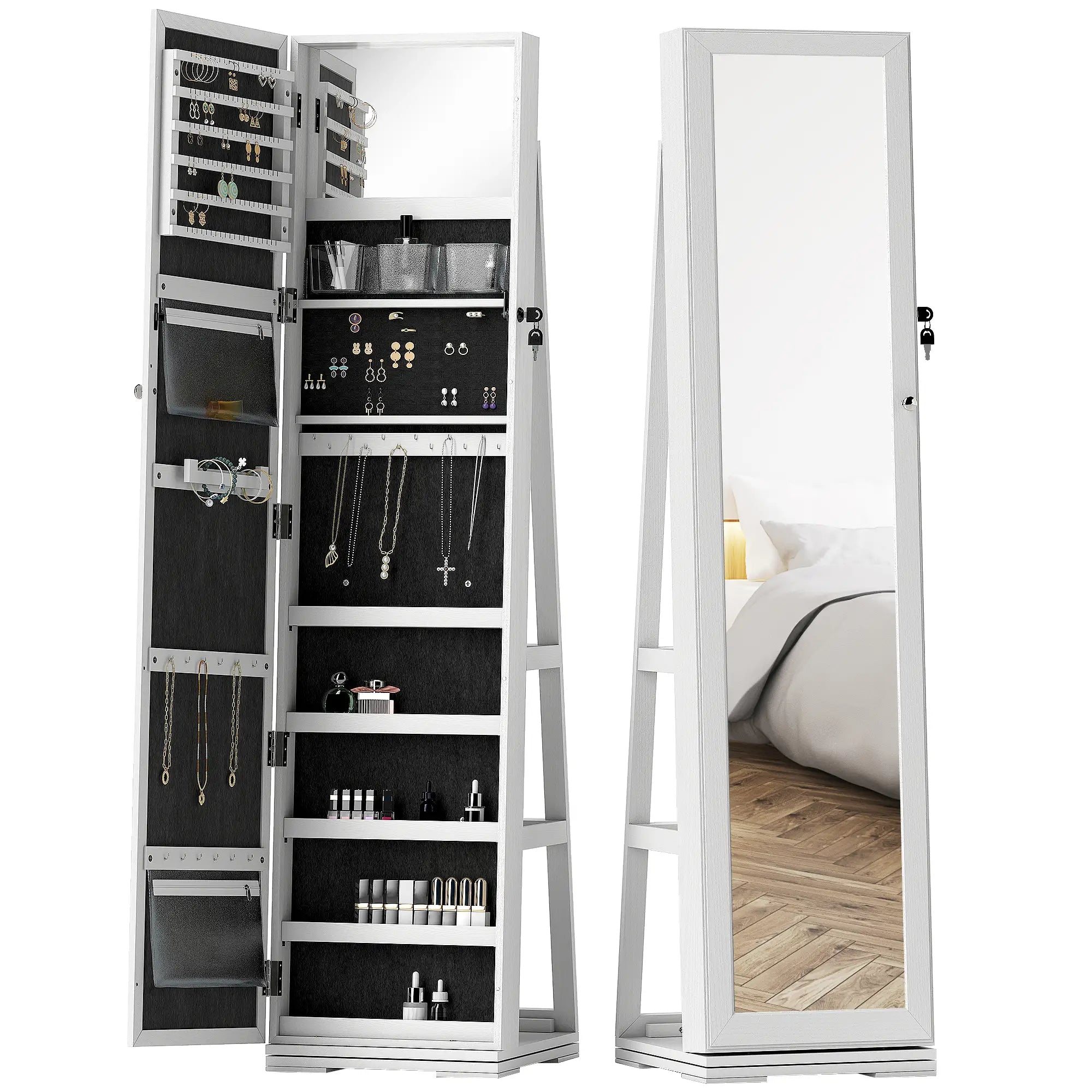 360° Swivel Jewelry Armoire, Lockable Mirror Cabinet, White Jewelry Armoire & Jewellery Mirror Cabinets at Gallery Canada